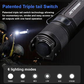 JETBeam® TH16 TAC 2000 Lumen Tactical Flashlight, Outdoor LED Torch, USB Rechargeable Flash Light, Battery Included