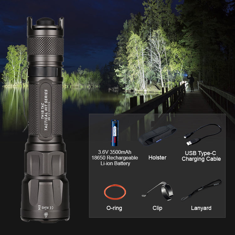JETBeam® TH16 TAC 2000 Lumen Tactical Flashlight, Outdoor LED Torch, USB Rechargeable Flash Light, Battery Included